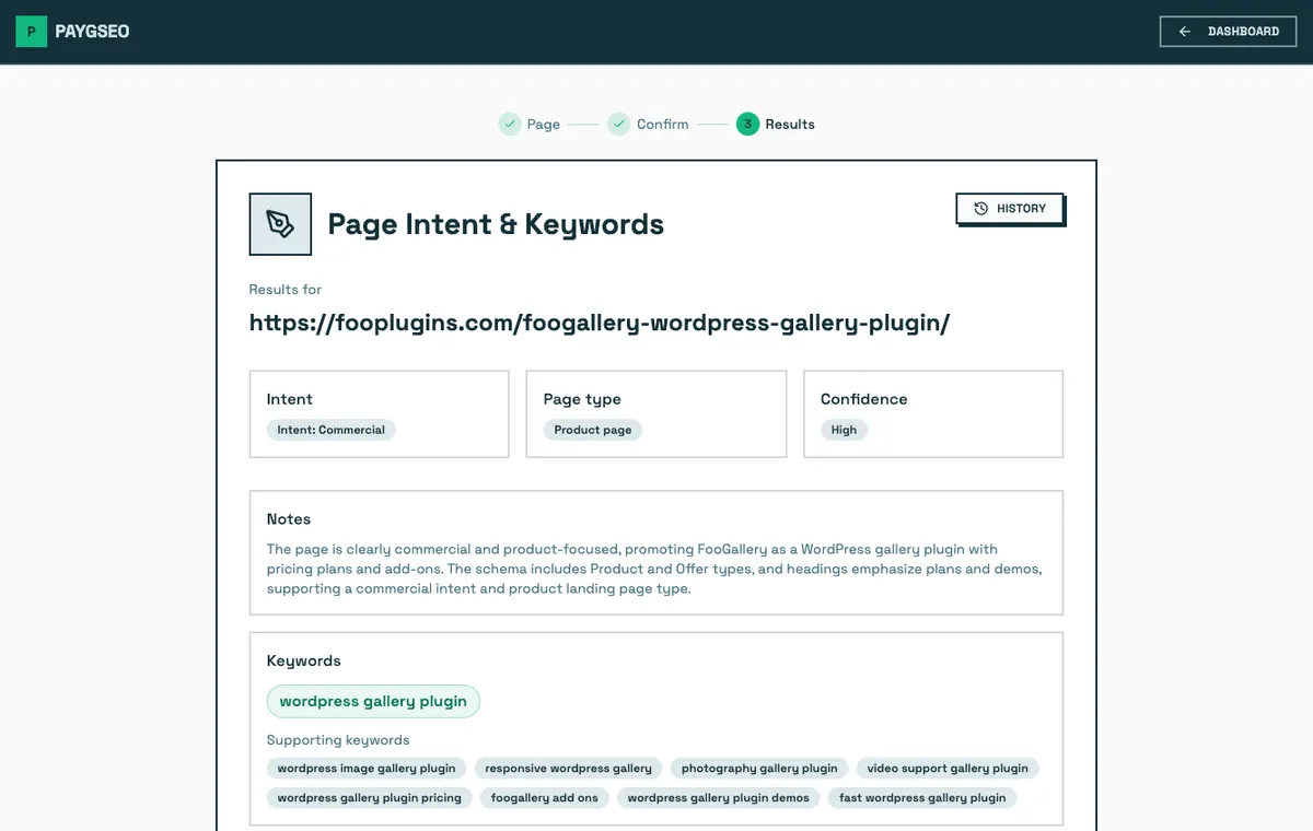 Page Intent and Keywords results screenshot