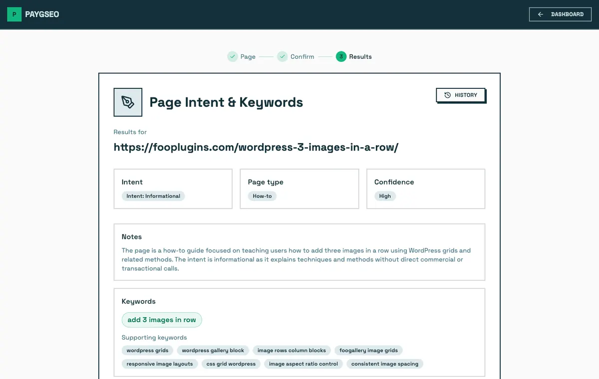 Page Intent and Keywords detailed results screenshot