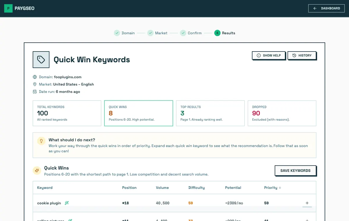 Quick Win Keywords results screenshot